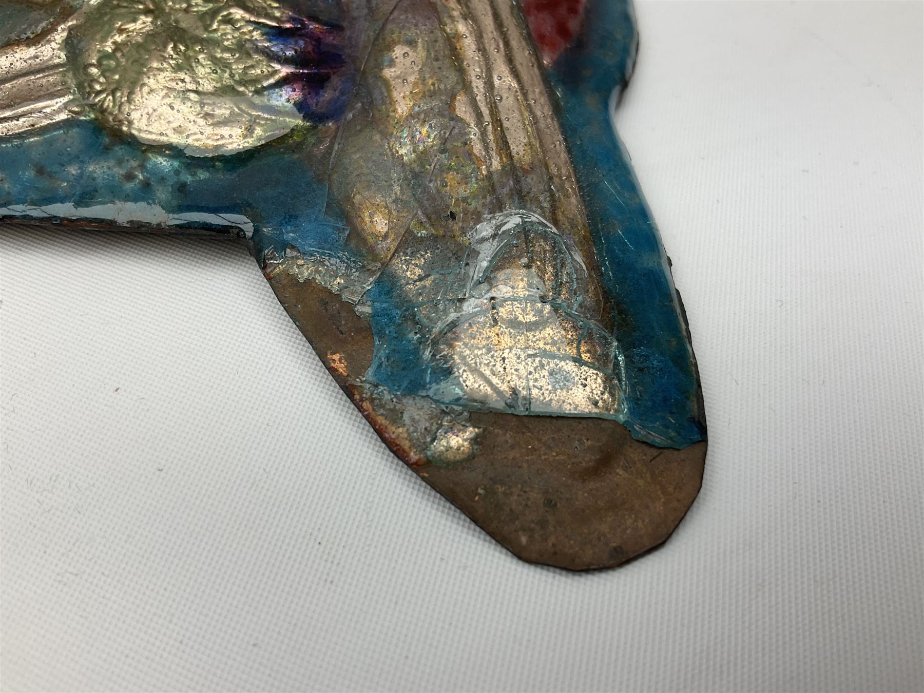 Henry George Murphy (1884-1939), Arts & Crafts enamel panel, of stylised form decorated with a stylised temple on a hill, upon a blue toned ground, H13cm W15cm