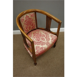  Pair Edwardian inlaid tub shaped salon chairs, pierced splat supports, upholstered in red damask fabric, square tapering supports with spade feet  