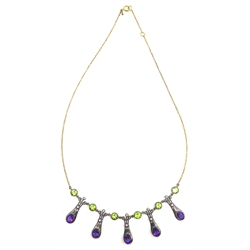  Amethyst, peridot, seed pearl and diamond gold and silver-gilt necklace stamped 375  