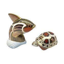 Royal Crown Derby tropical fish paperweight in the form of a Guppy, with a silver stopper, and Royal Crown Derby tortoise paperweight with gold stopper