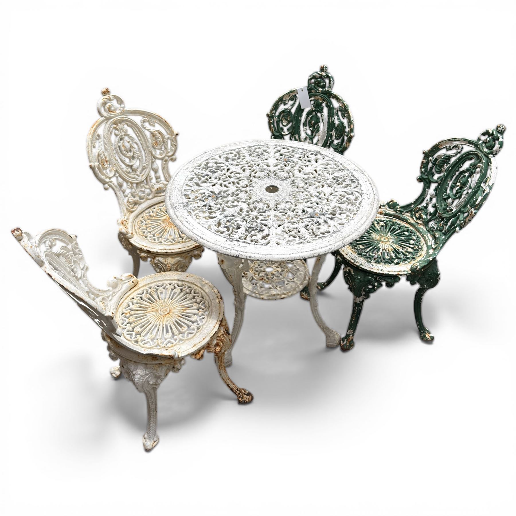 Victorian cast iron white painted garden table with aluminium top and cast iron chairs