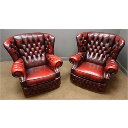  Georgian style wingback three seat sofa (W188cm) and pair matching armchairs upholstered in deeply buttoned oxblood leather  