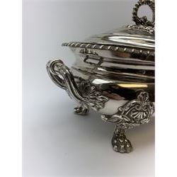 Matthew Boulton silver plated tureen and cover, the body of oval form with twin handles engraved with crest, probably for Whitgreave/Whitgrave family of Moseley Staffordshire, 'Regem Defendere Victum', (To defend the king even in his defeat/To defend the conquered king ), upon four paw feet, the cover with gadrooned rim and foliate loop handle 
