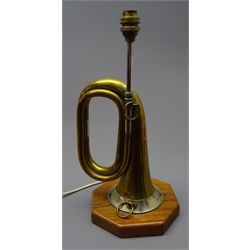  WW2 German brass bugle by Meinel & Herold, Klingenthal, later adapted as table lamp on octagonal base, H40cm   
