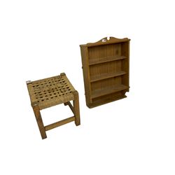 Pitch pine stool with woven seat (W36cm H40cm); and pine wall shelf (W51cm H70cm)