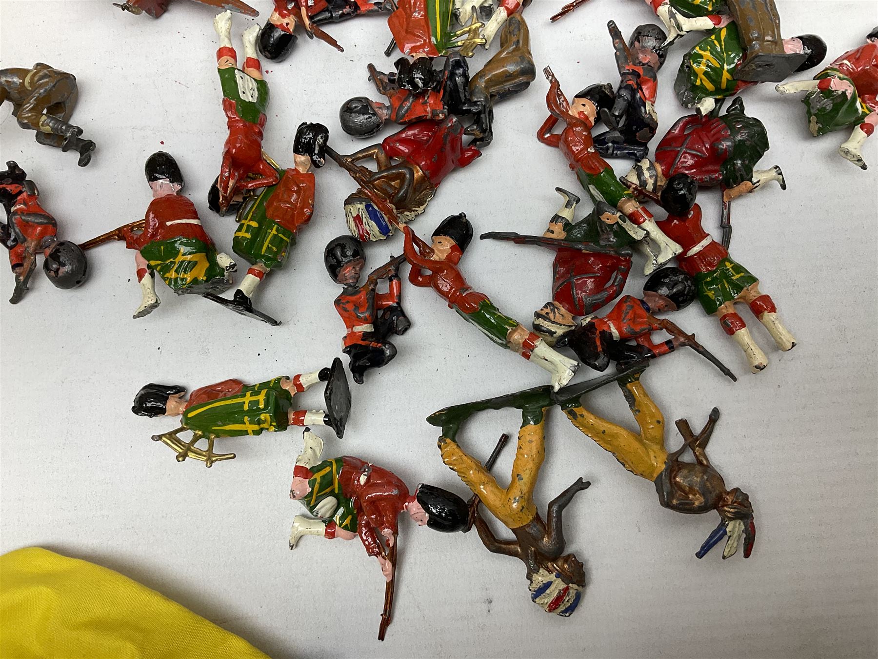 Vintage toys comprising 'Docking RMS Queen Mary' game, two boxed Pelham puppets, quantity of painted metal British soldiers to include Guardsmen, painted farm animal figures