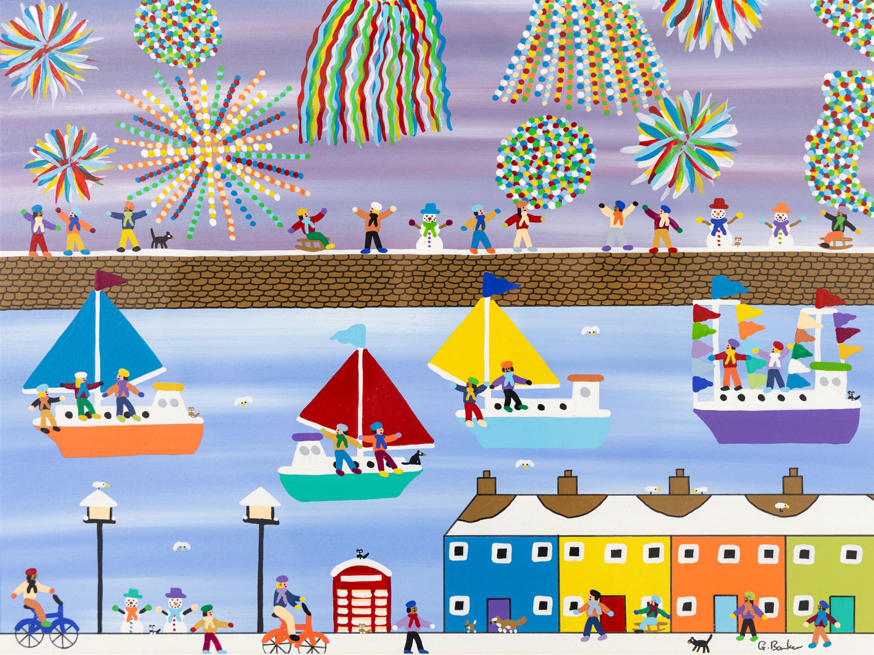 Gordon Barker (British 1960-): 'Seaside Celebrations in the Snow', acrylic and pen signed, titled verso 29cm x 39cm