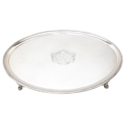  George III silver oval tray with crest, on four scroll and acanthus feet by John Schofield London 1789, L43.5cm approx 61oz  