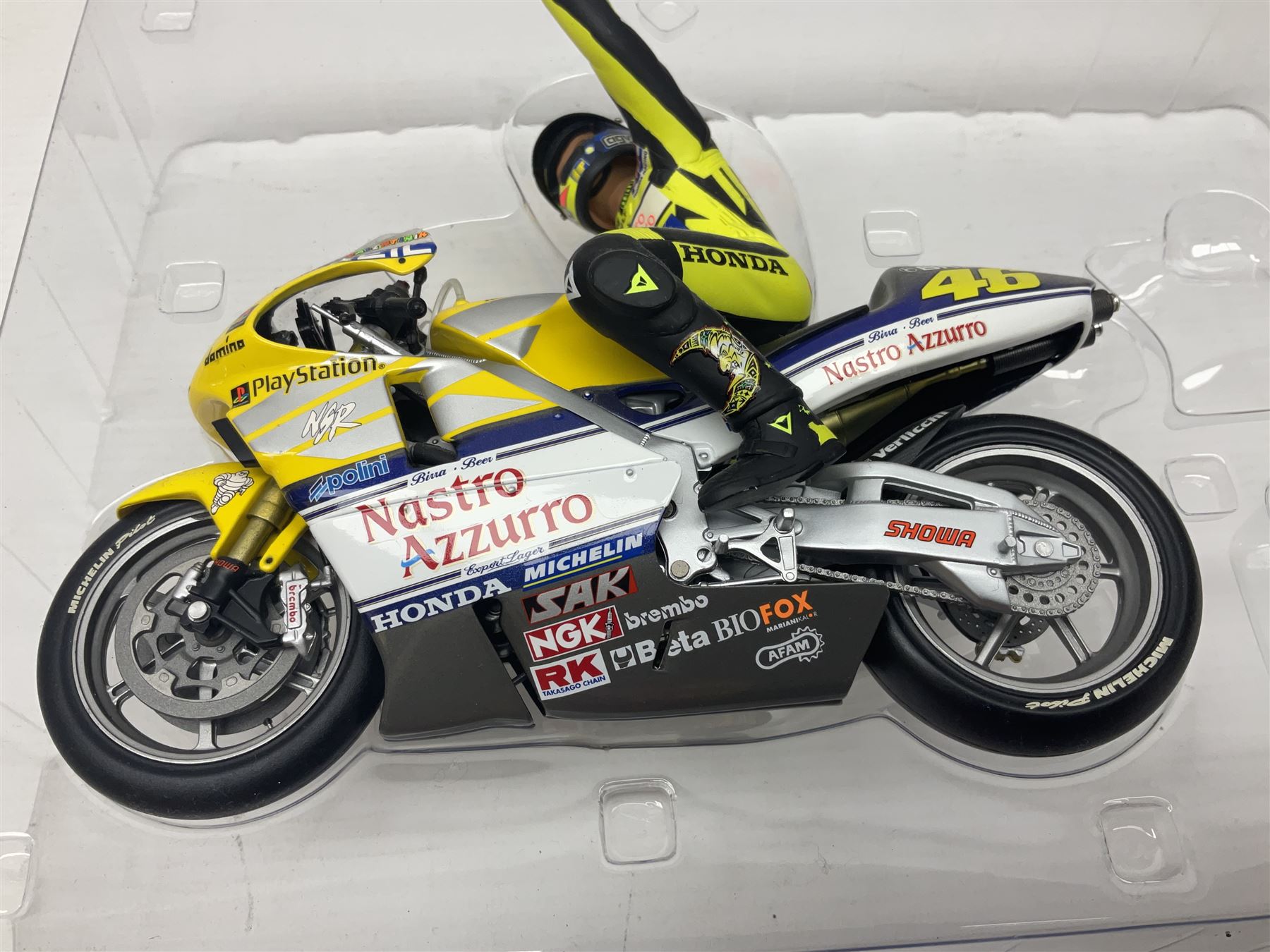 Two Minichamps limited edition Valentino Rossi Collection 1:12 scale die-cast motorcycles - Honda NSR500 Valentino Rossi Team Nastro Azzurro GP Donington 2000 with rider; and Honda NSR500 Valentino Rossi Team Azzurro GP Mugello 2001 Dirty Version; both boxed (2)