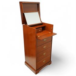 Stag - 'Carolina Cherry' three drawer chest (L 84cm, D 43cm, H 72cm); tall pedestal chest with hinged mirror top(L 53cm, D 43cm, H 104cm); bedside chest (L 53cm, D 43cm, H 72cm)