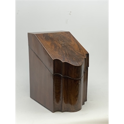 Georgian mahogany knife box, of serpentine fronted form with strung detail and inlaid star to the hinged cover, opening to reveal a fitted interior with conforming detail, H37cm