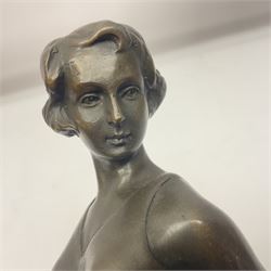 After Lorenzl Art Deco style bronze figure of a woman and dog, upon an oval marble base 