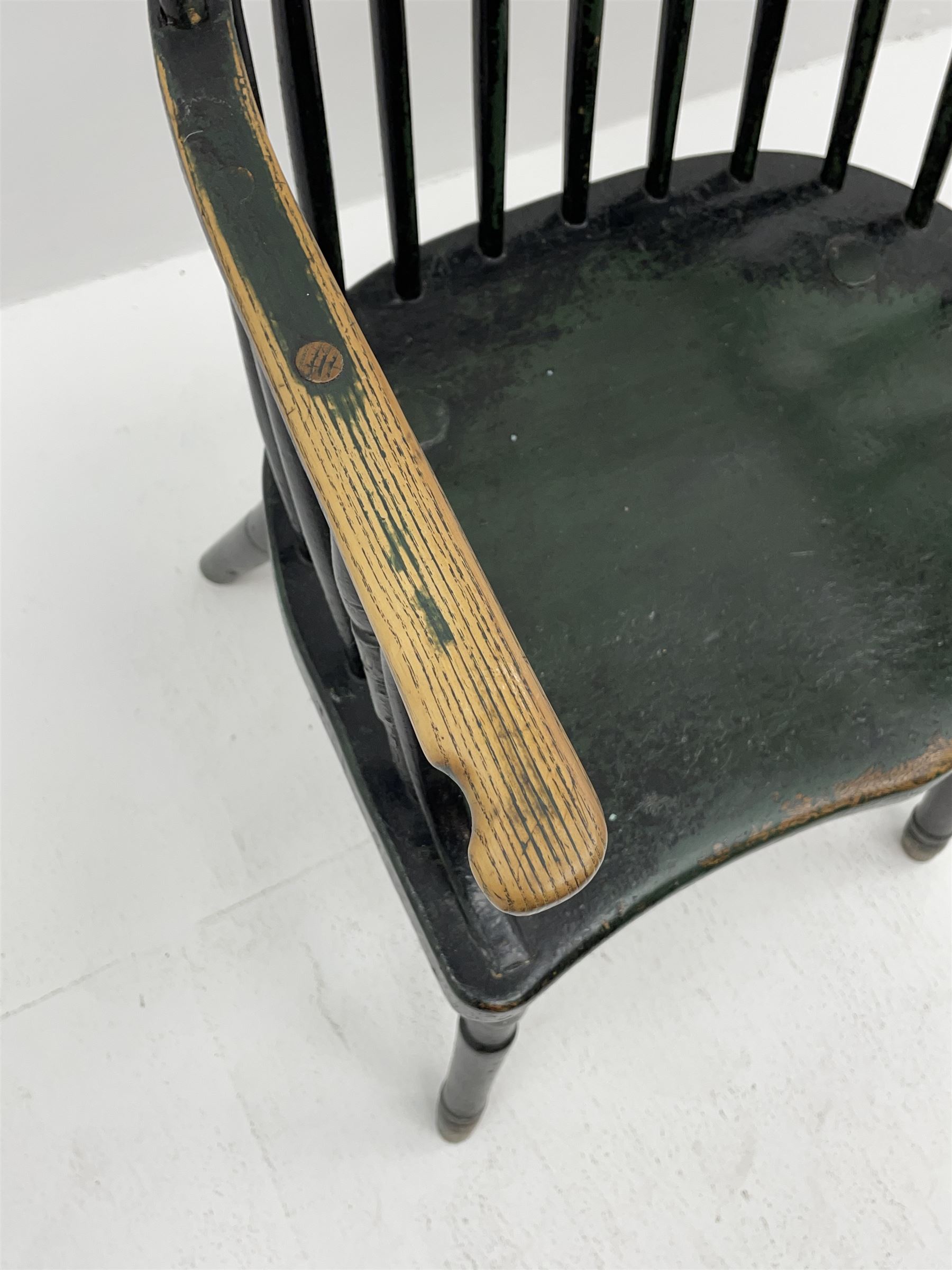 18th century West Country ash and elm Windsor armchair, high hoop and stick back, turned supports with H stretcher, green paint finish
