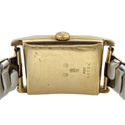 Swiss early 20th century 9ct gold manual wind Jump Hour wristwatch watch, Glasgow import marks 1932, on expanding gilt strap