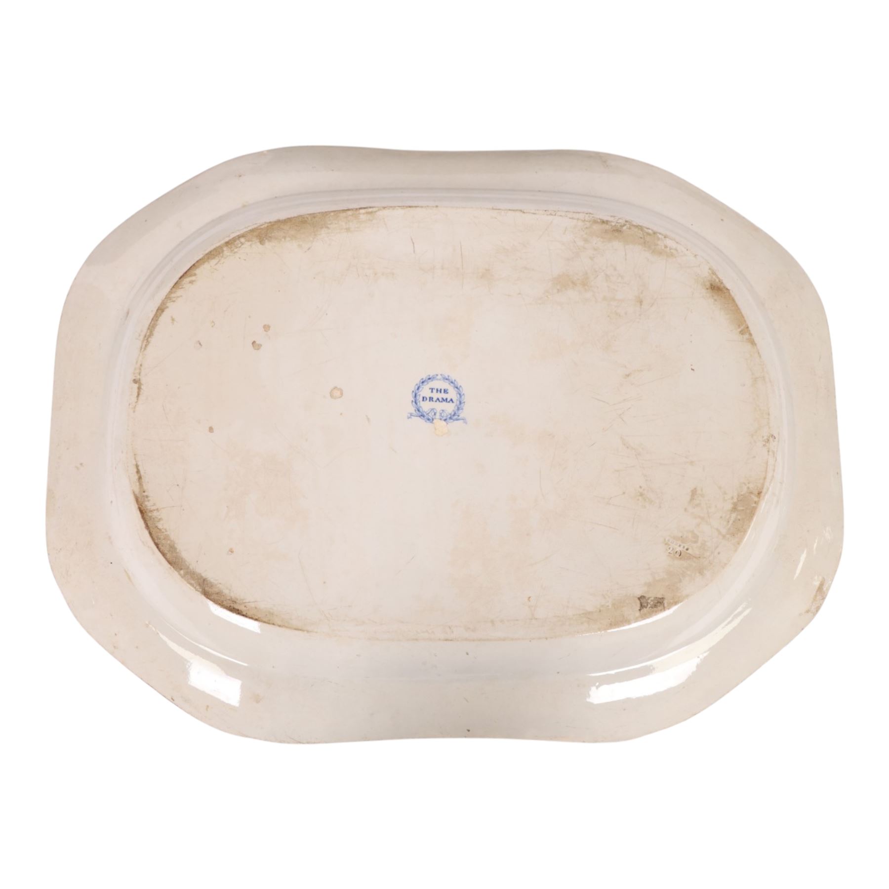 Two 19th century blue and white transfer printed pottery meat plates, the first by John Rogers & Sons decorated in The Drama Series patter, L54cm, the second by Bathwell & Goodfellow decorated in the Rural Scenery Traveller pattern, L43.5cm