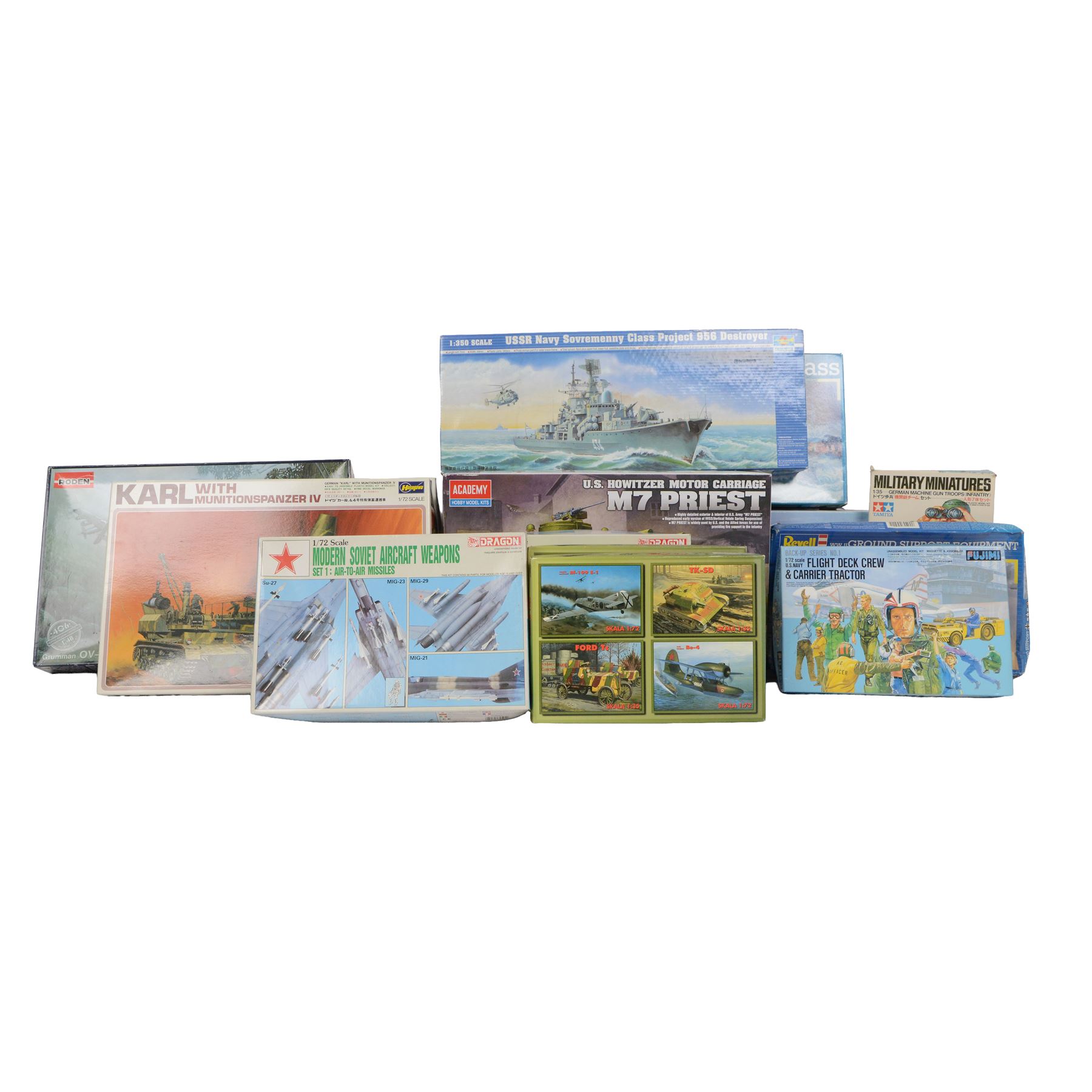 Sixteen military model kits of varying scales, comprising Hasegawa Karl with Munitionspanzer IV, two RPM Tankietki kits, Academy US Howitzer Motor Carriage M7 Priest, Roden Grumman OV-1A Mohawk, Hasegawa P-26A Peashooter, Dragon Modern Soviet Aircraft Weapons sets 1-3, Trumpeter Chinese Type 33G Submarine, Trumpeter USSR Navy Sovremenny Class Project 956 Destroyer, Revell WWII Ground Support Equipment, Tamiya German Machine Gun Troops, Tamiya Panzer Grenadiers, Fujimi US Navy Flight Deck Crew and Revell S-100 Class Deutsches Schnellboot German Fast Attack Craft, all boxed