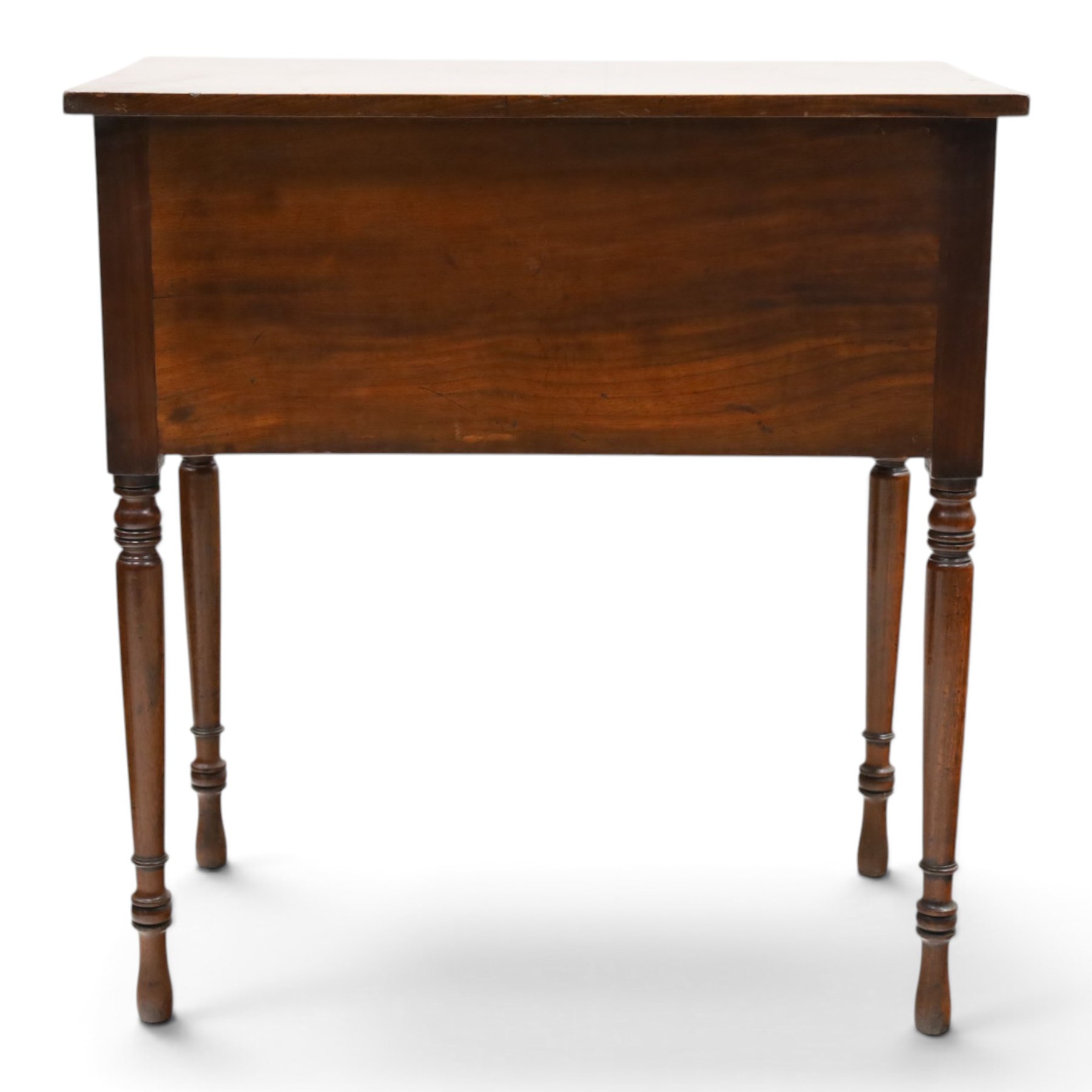 Early 19th century mahogany deception table with drop-front, rectangular top over drop-front with button action to the side, enclosing slatted-base compartment, raised on turned supports