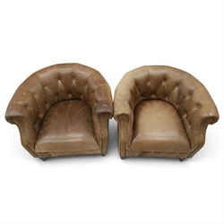 Alexander and James - pair of 'Jude' tub armchairs, traditional tub shape with buttoned back over deep seat, with studwork to the arm terminals, raised on turned front supports and splayed rear supports
