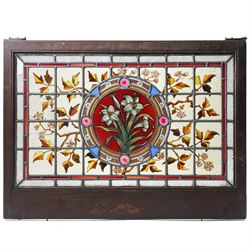 Victorian Aesthetic movement stained glass leadlight window panel, the central panel hand ...