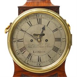 18th century bracket clock with twin chain fusee movement, the steel dial inscribed Thomas Hill, Fleet Street, London in mahogany case with blind fret carved panels, brass handles on gilt brass scroll feet with a later mahogany bracket H50cm excluding bracket