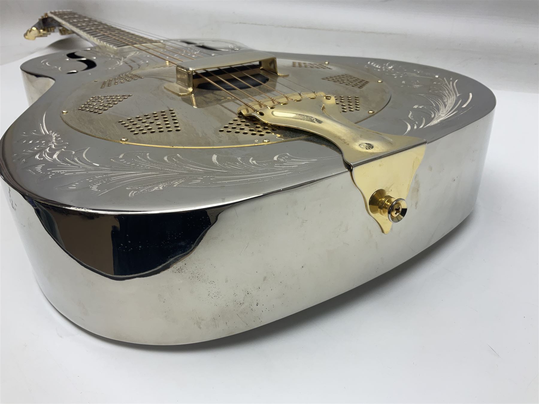 Ozark Dobro chromium plated on brass National style resonator guitar with foliate engraving L98cm; in Ritter soft carrying case