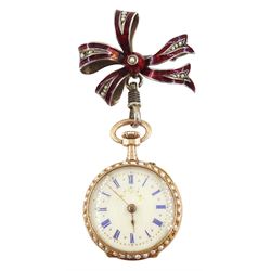 Swiss 14ct gold open face keyless cylinder ladies fob watch, white enamel dial with Roman numerals, guilloche red enamel decorated with Fleur de Lys and split seed pearl surround, case No. 285674 with Swiss export hallmarks and engraved horse, with German silver red enamel and split pearl bow attachment stamped 800, in personalised silk lined case by J.C Vickery, Regent street