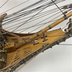 Large kit built scale model of 17th century Royal Navy warship 'HMS Sovereign of the Seas', upon wooden stand with engraved name plaque, H91cm, W111cm