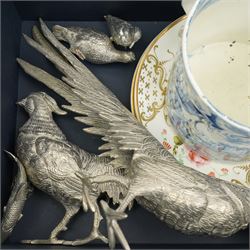 Large Spode mug and two hand painted plates, together with a collection of five silvered animals including a fish, pheasants, grouse etc