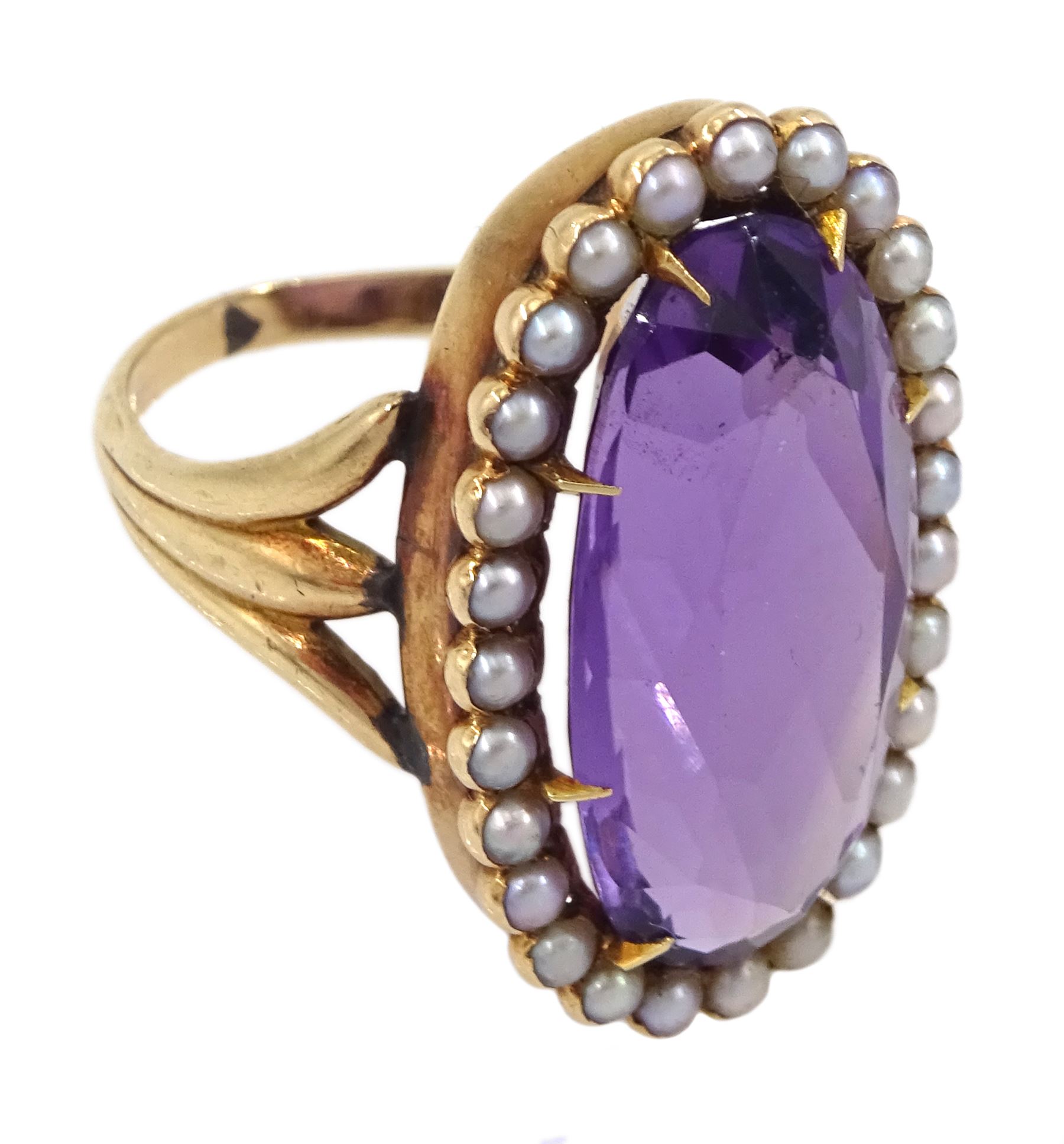 Victorian 9ct gold oval amethyst and seed pearl cluster ring, boxed