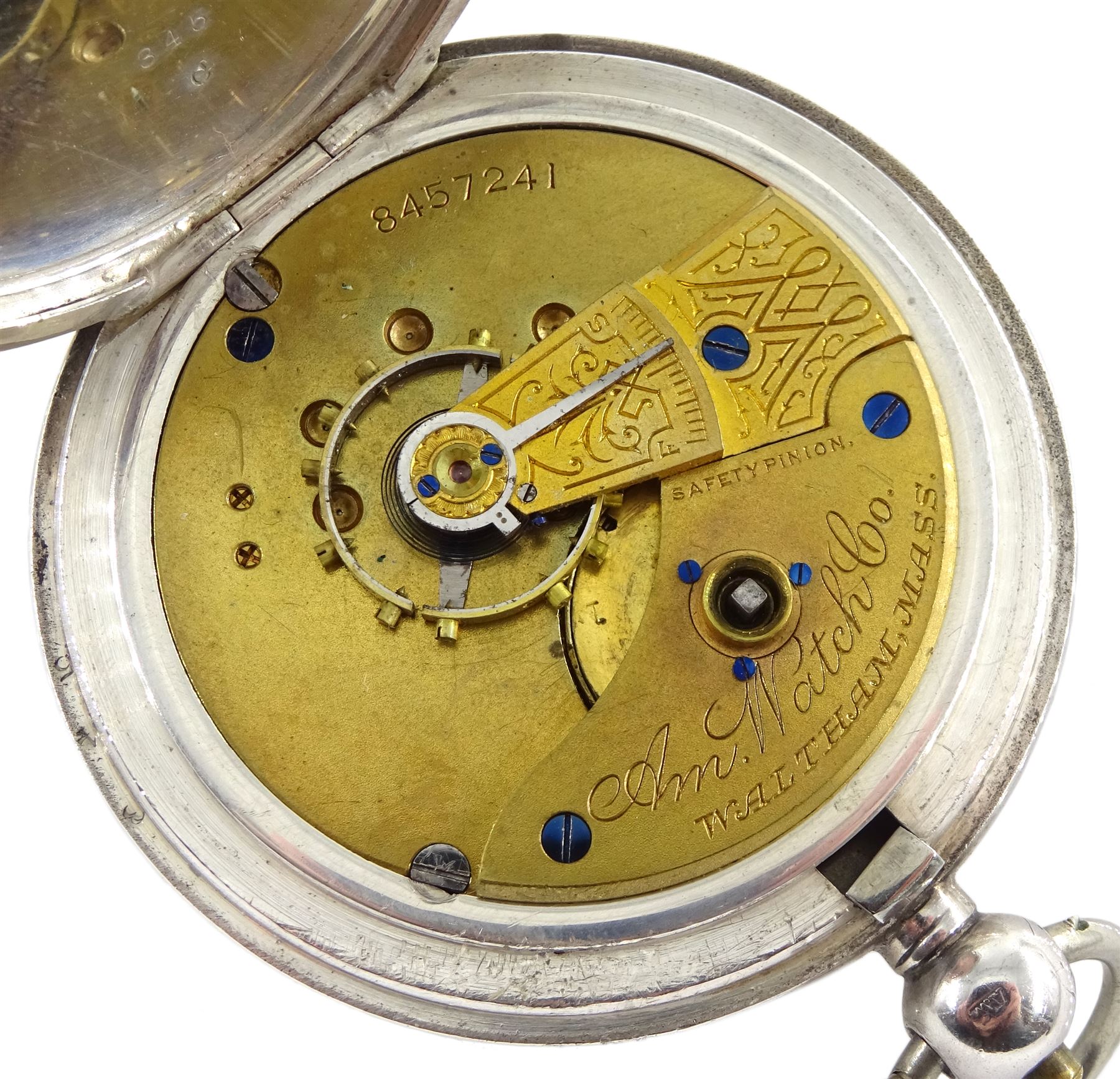 19th century silver open face key wound pocket watch by Waltham Mass, No. 845724, retailed by J.G. Graves, white enamel dial with Roman numerals and subsidiary seconds dial, engine turned case with engraved initials in cartouche, Birmingham 1899