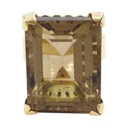 Gold single stone rectangular cut smokey quartz ring