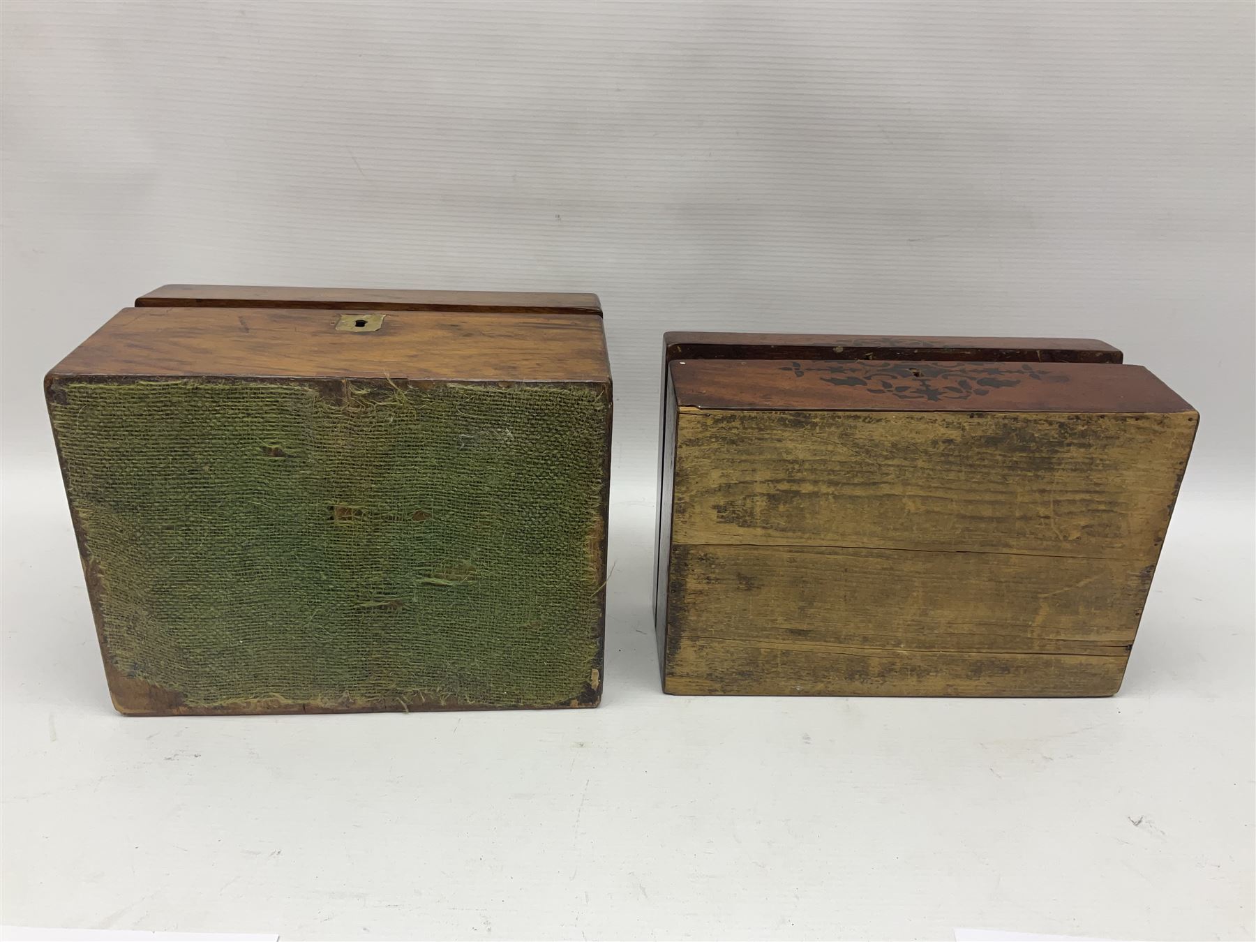 Walnut dressing table box, set with mother of pearl cartouche, opening to reveal a compartmentalised interior with mirror, covered in parts in purple velvet, together with a smaller jewellery box with stencil print, dressing table box H15cm