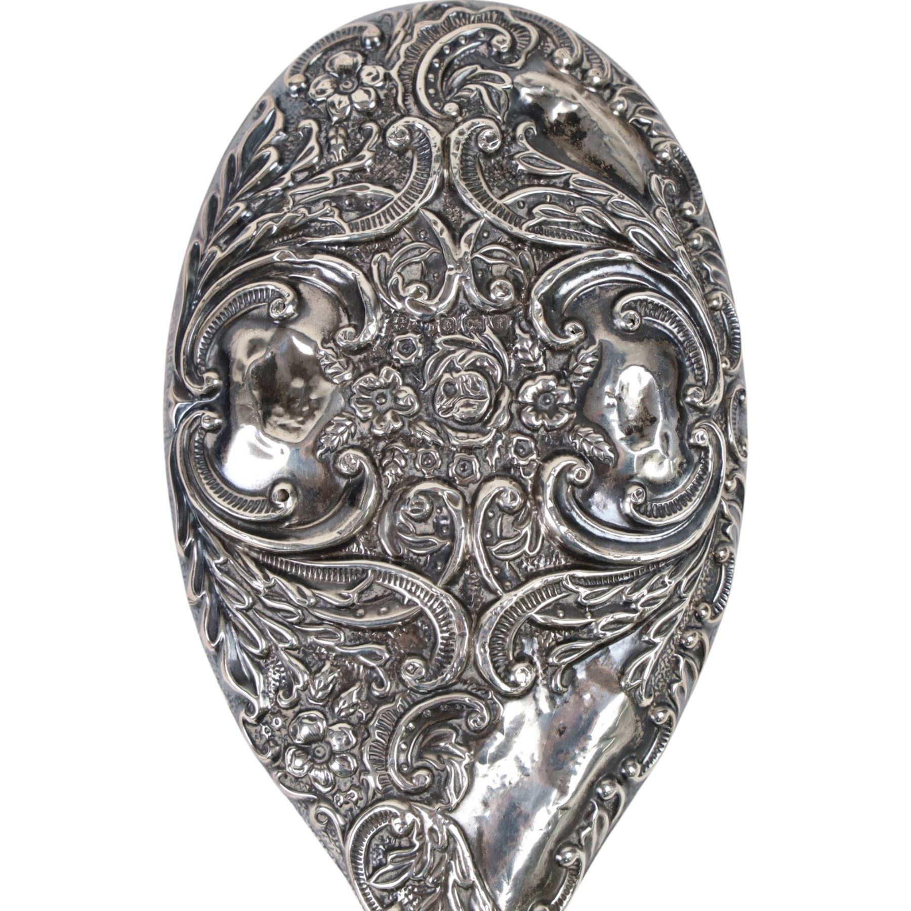 Silver mounted dressing table mirror, together with six silver handled knives, all hallmarked 