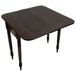 Victorian mahogany tea table, rectangular swivel fold-over top with rounded corners, on ring turned supports 