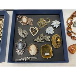 Silver and stone set silver jewellery including gate bracelets, necklaces and rings, 9ct gold ring and brooch, pair of silver salts, silver napkin ring and a collection of Victorian and later jewellery including bead necklaces, gilt necklace, rings etc
