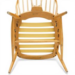 Ercol - Model 478 evergreen light elm and beech armchair, hoop back design curved arms, two crimson checked loose cushions, raised on tapering legs with H-stretcher