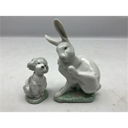 Five Lladro figures, comprising Bear Seated no 1206, Good Bear no 1205, Washing up no 5887, Rabbit Eating no 4772 and A Friend for Life no 7685, together with Lladro Christmas ball no 1603 and Lladro easter eggs 1994 no 17532, all with original boxes, largest example H12cm