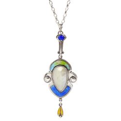  Art Nouveau silver enamel and pearl pendant by James Fenton, Birmingham 1908, on later silver chain necklace