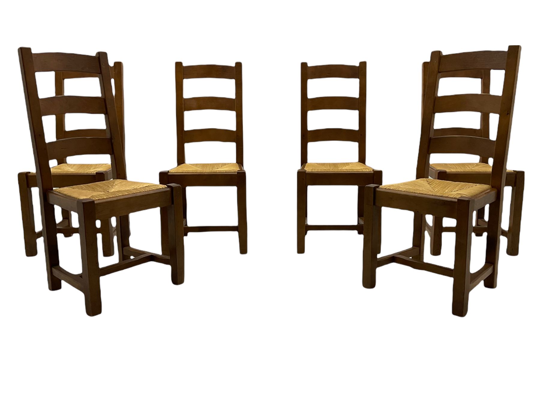 Antix French oak dining table with two leaves, two frieze drawers;, and six ladder back chairs with rush seats