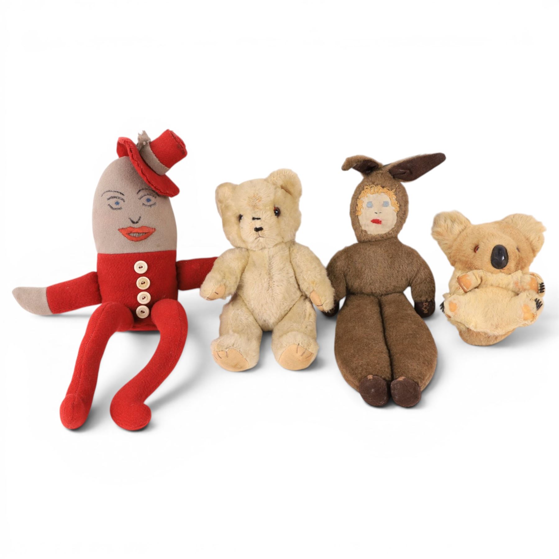 Seven vintage/handmade soft toys, comprising Humpty Dumpty, rabbit, panda, koala, golly and bears