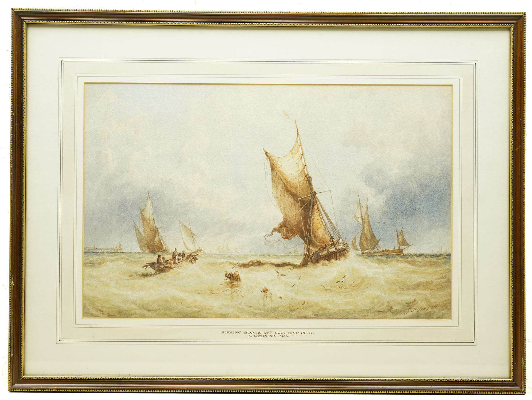George Stainton (British fl.1860-1890): 'Fishing Boats of Southend Pier', watercolour signed, titled on mount, Parker Gallery label verso 29cm x 45cm