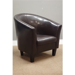  Tub shaped armchair upholstered in faux brown leather, W82cm  