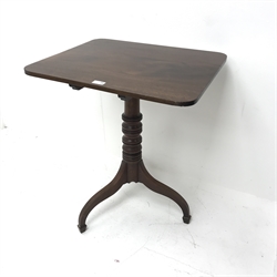 19th century mahogany pedestal table, single turned column on three shaped supports with spade feet, W61cm, H71cm, D52cm