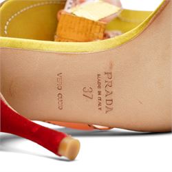 Prada - two pairs of satin slingback heels of the same model, each with ribbon bow detail and contrasting velvet-covered stiletto heels, comprising a lime green and purple pair and a pale pink and red pair, both size 37, with leather soles, one pair appearing little worn, with Prada dust bags and boxes (2)