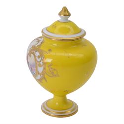Royal Crown Derby miniature vase and cover, painted with shipping scene on yellow ground, with printed mark beneath, H12cm