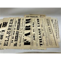 Seven late 19th/early 20th century auction posters of Hull/Yorkshire interest for properties in Hithe (Hive) 1852, South Cave 1880, Ellerker 1904, Hive 1921, Osbaldwick 1921, Balfour Street Hull 1922 and Sancton 1922; another for Cumberland 1824; two early 'This House To Let' posters; posters unframed and folded; and auction particulars for Gator Court, Ashburton, South Devon 