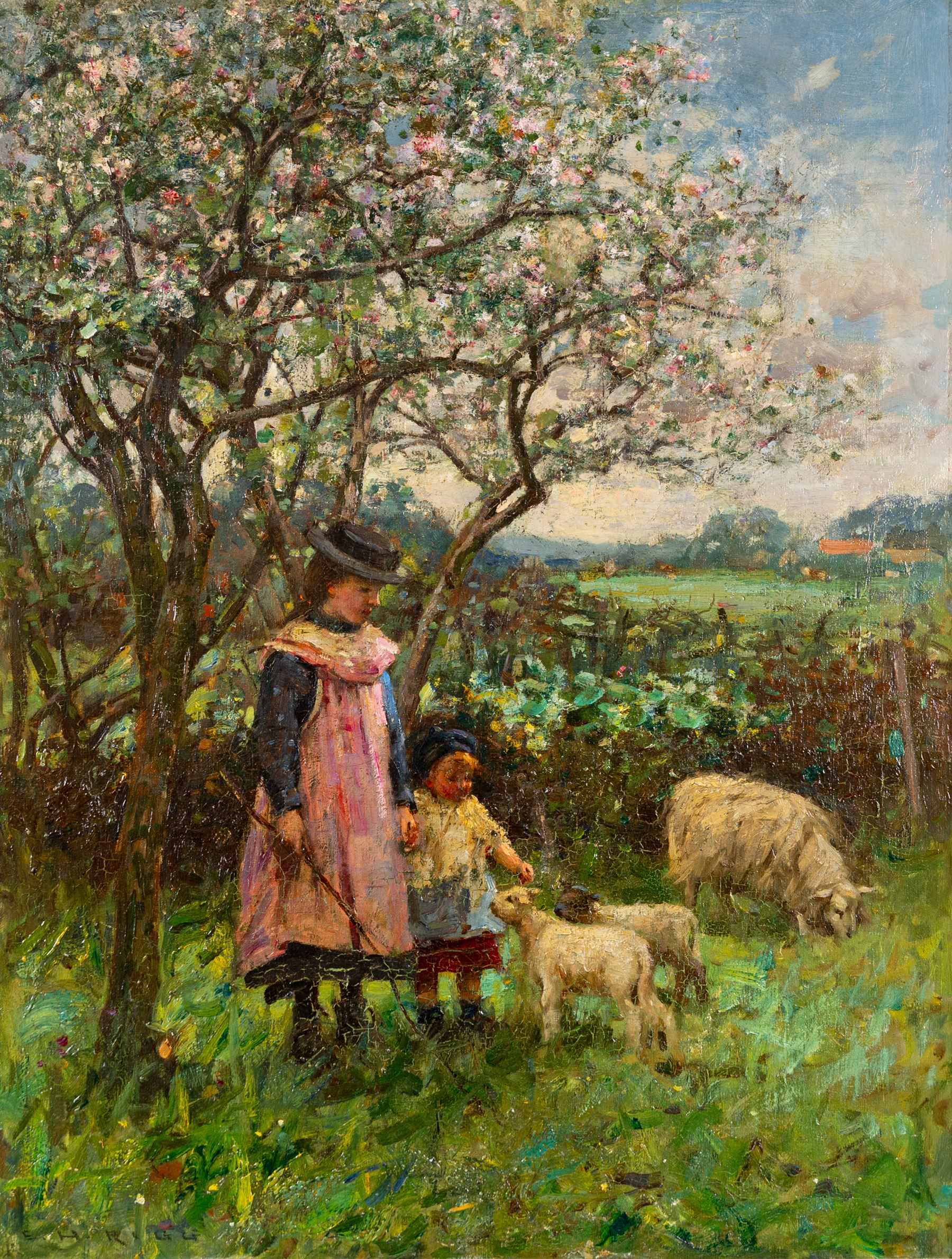Ernest Higgins Rigg (Staithes Group 1868-1947): The Artist's Daughters Petting Spring Lambs, oil on canvas signed 71cm x 54cm