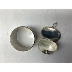 French silver plated wine taster of typical form, stamped, together with a silver plated napkin ring, and an 'Alpaca Silver' pill box with mother of pearl detailed cover, (3)