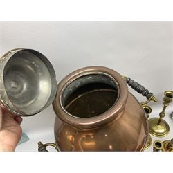 Quantity of copper to include samovar, jug and tray, together with brass candlesticks and other metalware  