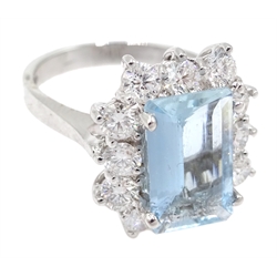 18ct white gold emerald cut aquamarine and diamond cluster ring, hallmarked, aquamarine approx 1.85 carat, diamond total weight approx 1.30 carat
[image code: 4mc]